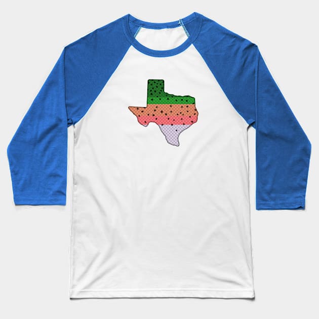 Trout Fishing Rainbow Trout Pattern Texas State Map Baseball T-Shirt by TeeCreations